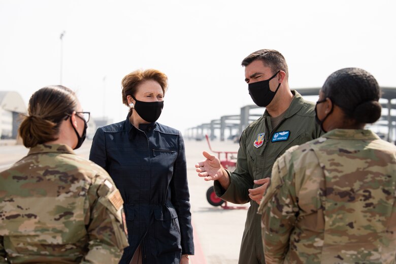 Secretary of the Air Force Barbara Barrett and U.S Air Force Richard Goodman, 366th Fighter Wing commander, speak with Airmen, Sept. 24, 2020, at Mountain Home Air Force Base, Idaho. Barrett’s visit consisted of seeing firsthand how the Gunfighters have committed themselves to readiness through innovation, strategic partnerships and agile training. (U.S. Air Force photo by Senior Airman Andrew Kobialka)