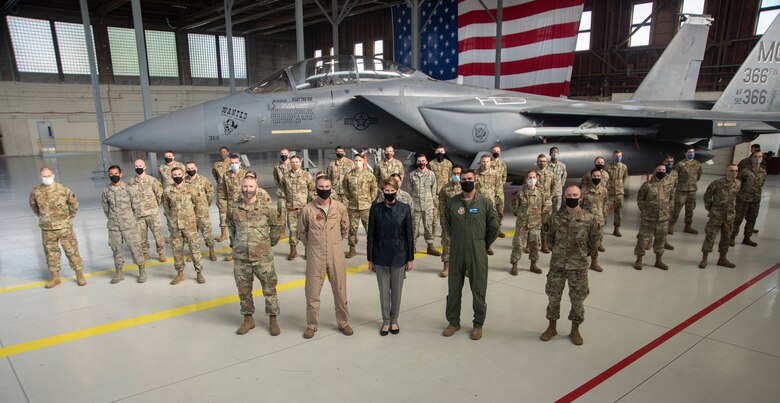 Secretary of the Air Force Barbara Barrett, U.S. Air Force Col. Richard Goodman, 366th Fighter Wing commander, and Lt. Col. Travis Stephens, 391st Fighter Squadron Commander, and Command Chief MSgt. Joshua Tidwell stand in formation for a photo with Airmen, Sept. 24, 2020, at Mountain Home Air Force Base, Idaho. Barrett’s visit consisted of seeing firsthand how the Gunfighters are committed to readiness through innovation, strategic partnerships and building leaders. (U.S. Air Force photo by Airman Andrea Rozoto)