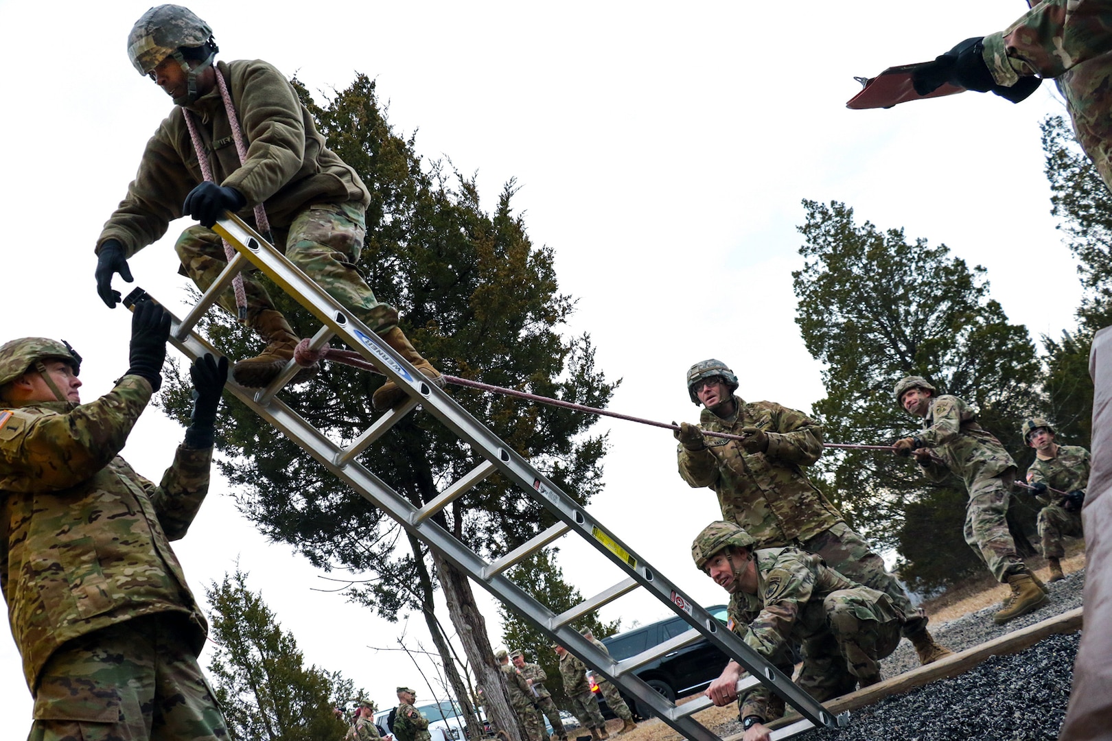Candidates during the Battalion Commander Assessment Program traverse an obstacle during the evaluation process at Fort Knox, Kentucky Jan. 23. More than 800 officers competed in the cognitive and non-cognitive, physical, verbal, and written assessments before being selected for battalion command.