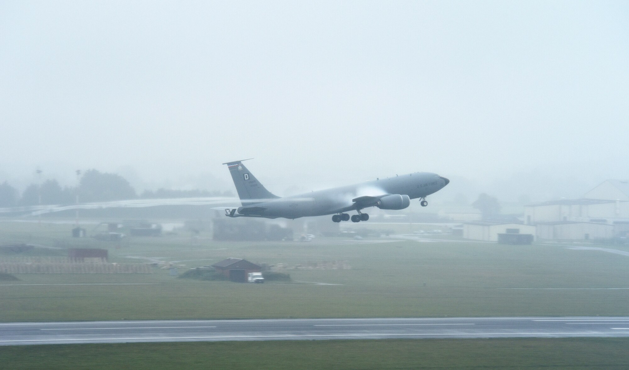 A KC-135 Stratotanker assigned to the 100th Air Refueling Wing takes off during Exercise Wolff Pack at RAF Mildenhall, England, Sept. 29, 2020. During the exercise, the 100th ARW demonstrated elements of Agile Combat Employment, which enables U.S. forces in Europe to operate from locations with varying levels of capacity and support, ensuring Airmen are postured to deliver lethal combat power across the spectrum of military operations. (U.S. Air Force photo by Karen Abeyasekere)