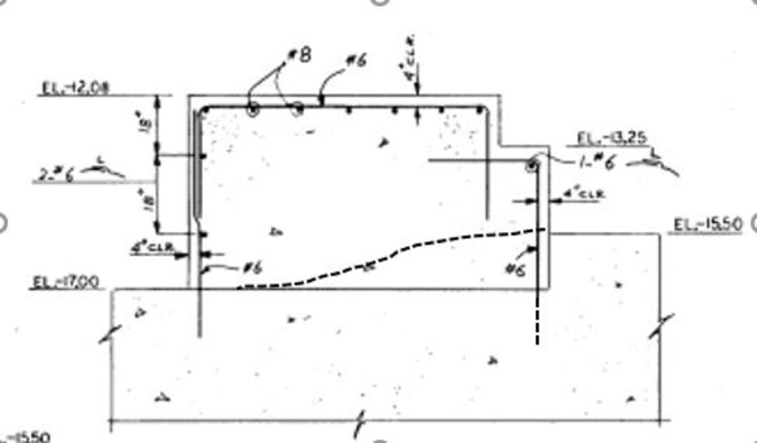 A drawing shows a dashed line through drawings of the navigation lock floor and sill, indicating an angle at which the concrete was poured.
