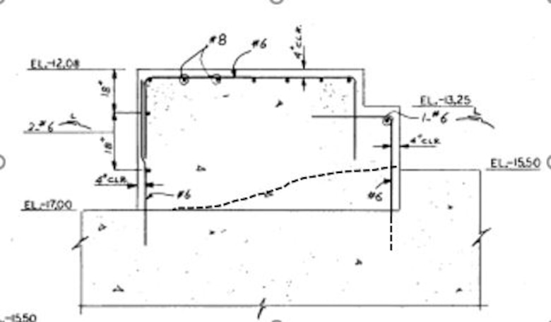 A drawing shows a dashed line through drawings of the navigation lock floor and sill, indicating an angle at which the concrete was poured.