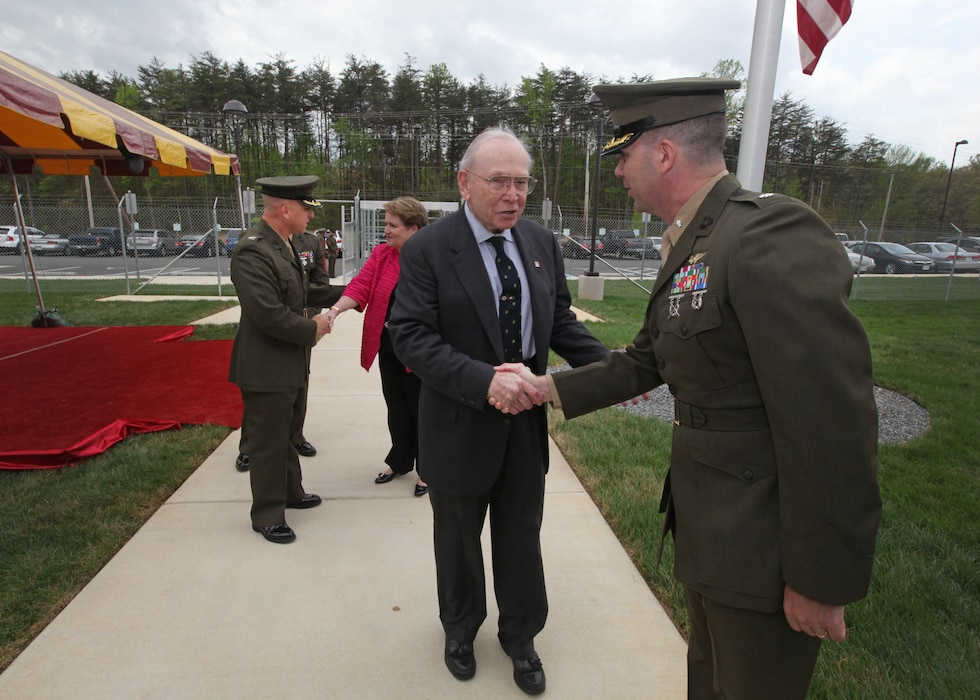 The Marine Corps Information Operations Center (MCIOC) dedicates it's new building, Walt Hall, to General Lewis W. Walt on  April 19, 2013 at Marine Corps Base Quantico, Quantico, Va. Gen. Walt was designated in 1968 as the first four-star Assistant Commandant of the Marine Corps and is recognized as a pioneer in Marine Corps information operations. (Official U.S. Marine Corps photo by Sgt. Kristofer Atkinson/Released)