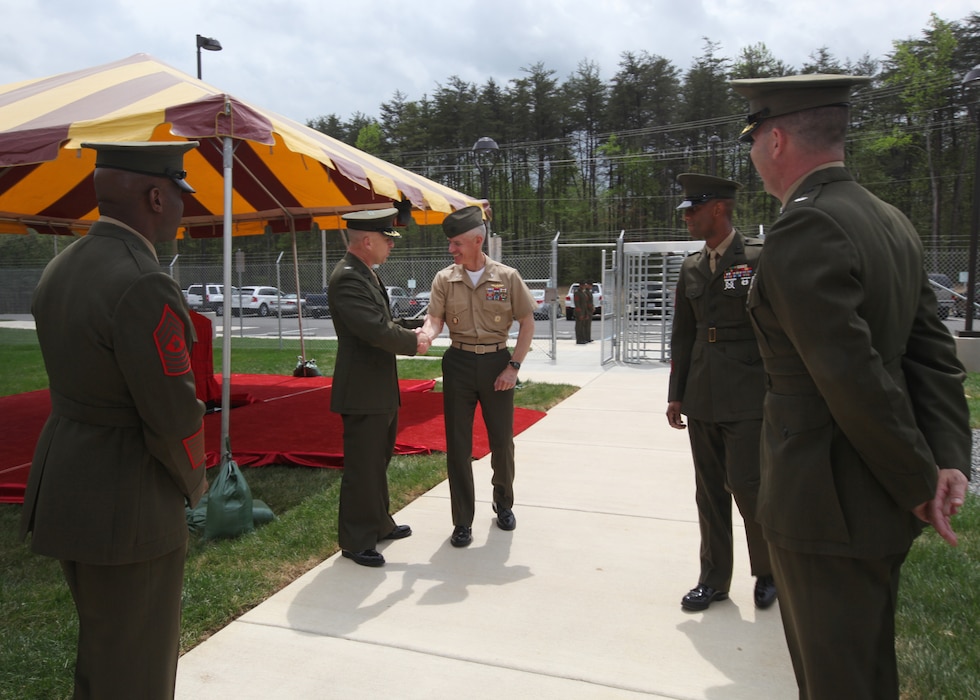 The Marine Corps Information Operations Center (MCIOC) dedicates it's new building, Walt Hall, to General Lewis W. Walt on  April 19, 2013 at Marine Corps Base Quantico, Quantico, Va. Gen. Walt was designated in 1968 as the first four-star Assistant Commandant of the Marine Corps and is recognized as a pioneer in Marine Corps information operations. (Official U.S. Marine Corps photo by Sgt. Kristofer Atkinson/Released)