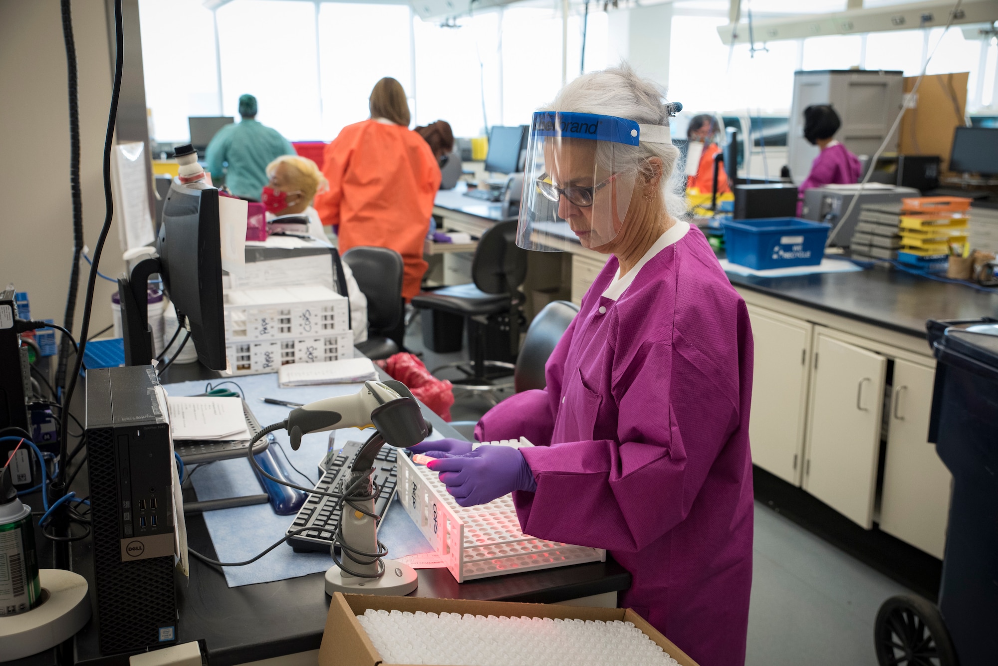 Delinda Rillo, a medical specimen processing assistant from the United States Air Force School of Aerospace Medicine’s Epidemiology Laboratory logs in samples for COVID-19 testing June 2, 2020. The Epi Lab is the sole clinical reference lab in the Air Force, and USAFSAM is part of AFRL’s 711th Human Performance Wing headquartered at Wright-Patterson Air Force Base in Dayton, Ohio. (U.S. Air Force photo by Richard Eldridge)