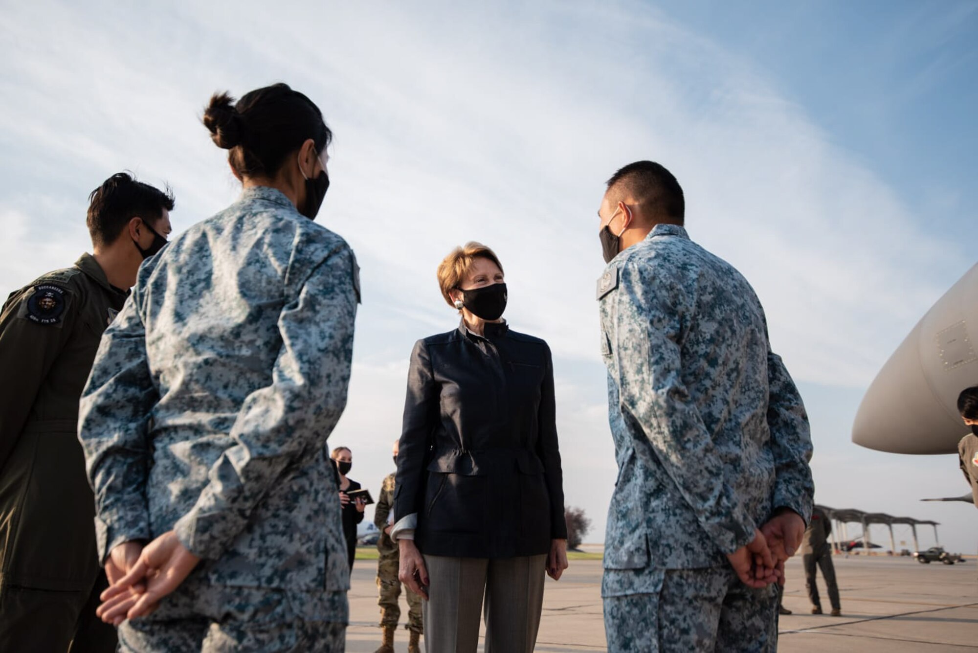 Secretary of the Air Force Barbara Barrett talks to Republic of Singapore Air Force Airmen about the importance of the strategic partnership between Singapore and the U.S., Sept. 24, 2020, at Mountain Home Air Force Base, Idaho. Barrett’s visit consisted of seeing firsthand how the Gunfighters are committed to readiness through innovation, strategic partnerships and building leaders. (courtesy photo)