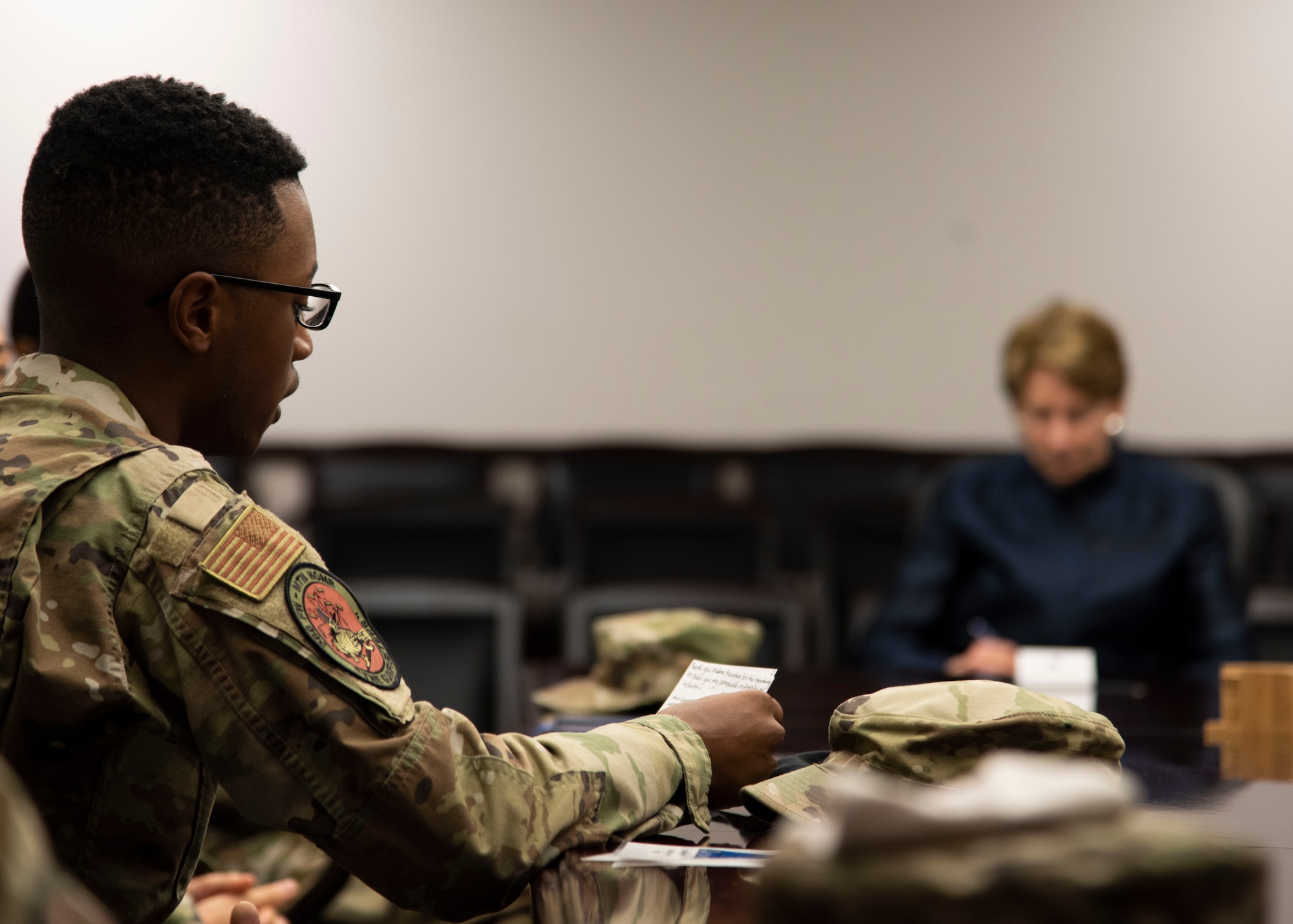 Secretary of the Air Force Barbara Barrett listens to feedback from Airmen about improving diversity and inclusion in the military during a listening session Sept. 24, 2020, at Mountain Home Air Force Base, Idaho. (U.S. Air Force photo by Airman Andrea Rozoto)