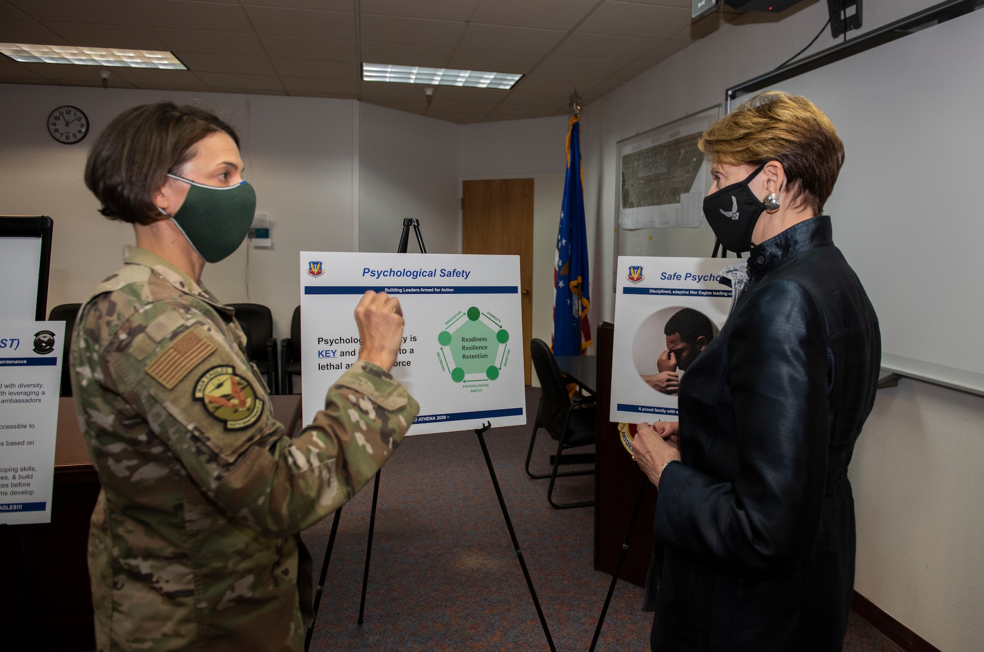 Secretary of the Air Force Babara Barrett and Lt. Col. Angelina Stephens, 366th Maintenance Squadron commander, discuss the importance of psychological safety and its implications on well-being and readiness at Mountain Home Air Force Base, Idaho, Sept. 24, 2020. (U.S. Air Force photo by Airman 1st Class Akeem K. Campbell)