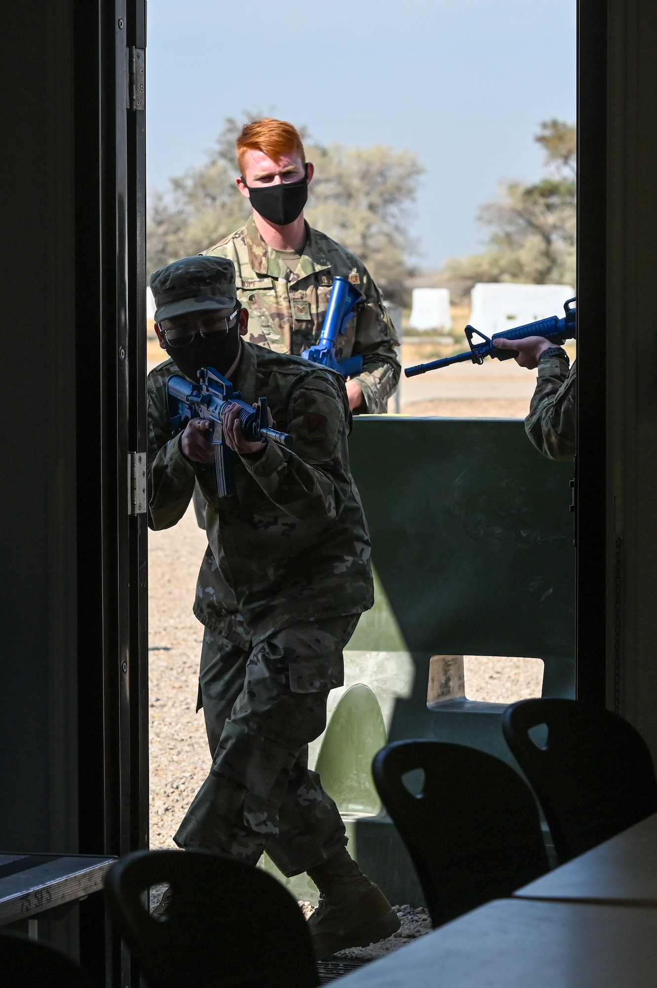 Staff Sgt. Matthew Kopf, 75th Security Forces, instructs Airmen how to search a room during an expeditionary active shooter training course Sept. 25, 2020, at Hill Air Force Base, Utah. The course is one part of the Hill Expeditionary Airman Readiness Training program, or HEART, where first-term Airmen are trained with basic readiness skills. (U.S. Air Force photo by Cynthia Griggs)