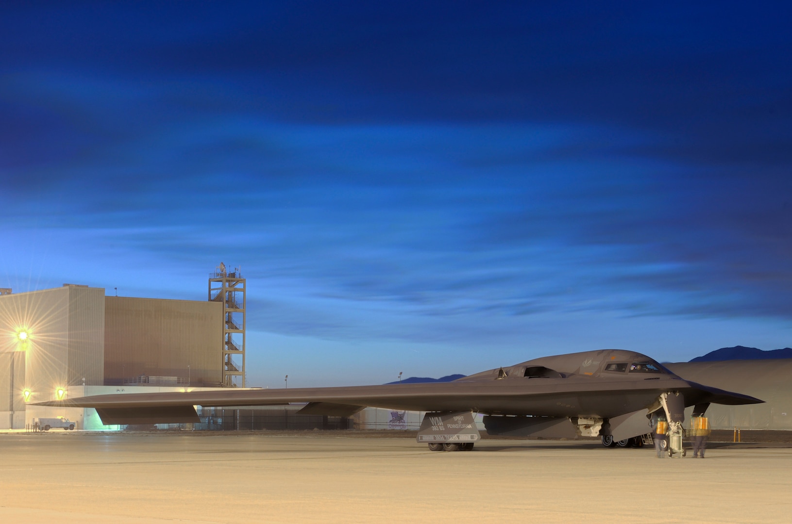 The “Spirit of Pennsylvania” B-2 bomber during a previous programmed depot maintenance stay at Plant 42 in Palmdale, California, Jan. 26, 2010. The aircraft is currently finishing up its current PDM at the Northrop Grumman facility at the plant before flying to its new home with the 419th Flight Test Squadron at Edwards Air Force Base, California. (Photo courtesy of Alan Radecki/Northrop Grumman)