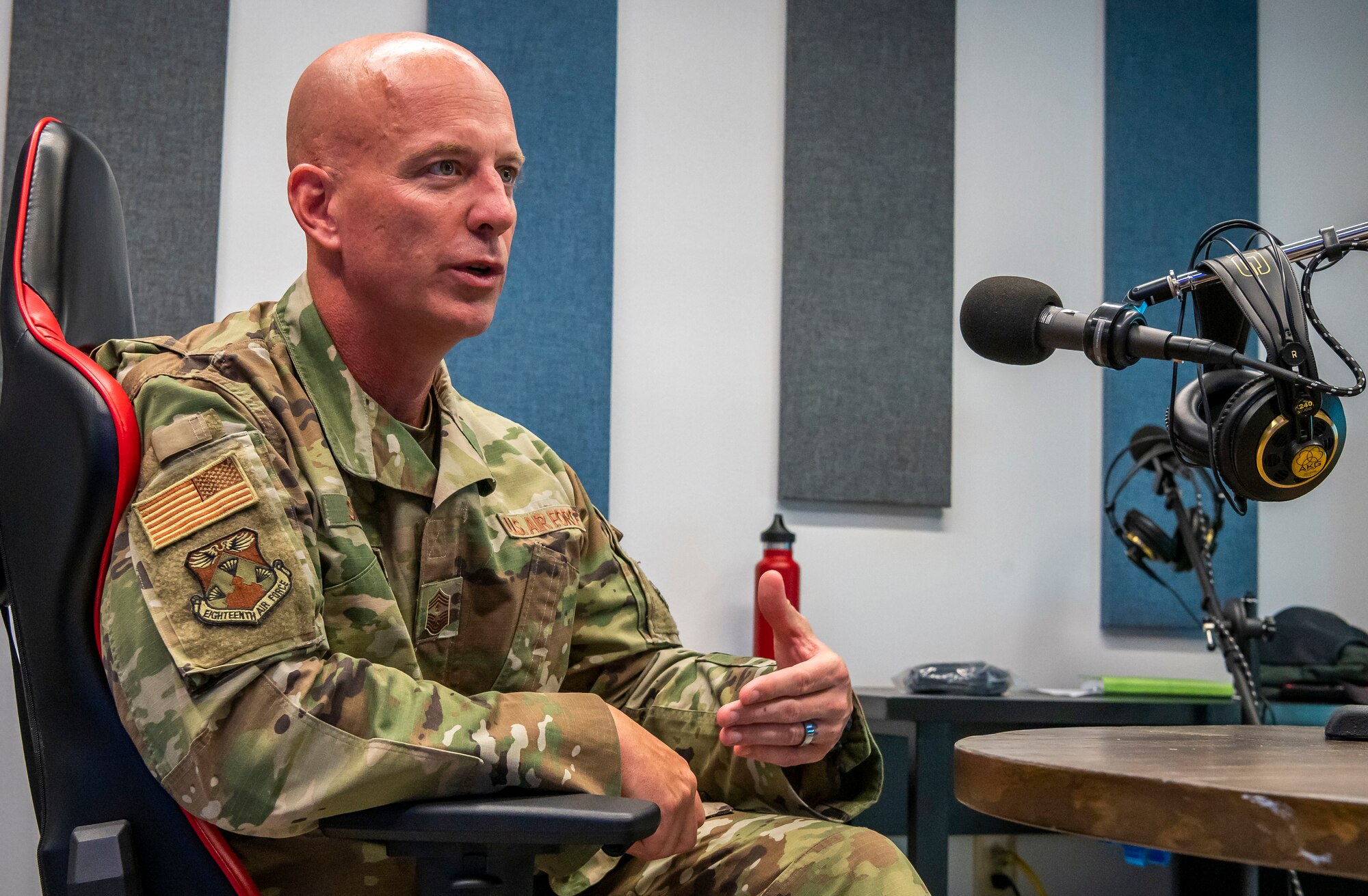 Chief Master Sgt. Chris Simpson, 18th Air Force command chief, speaks during an interview Sept. 23, 2020, at Dover Air Force Base, Delaware.As Air Mobility Command’s sole numbered air force, 18th Air Force ensures the readiness and sustainment of approximately 36,000 active duty, Air Force Reserve and civilian Airmen at 12 wings and one stand-alone group. With more than 400 aircraft, 18th AF supports AMC’s worldwide mission of providing rapid global mobility to America’s armed forces through airlift, aerial refueling and aeromedical evacuation. (U.S. Air Force photo by Senior Airman Christopher Quail)