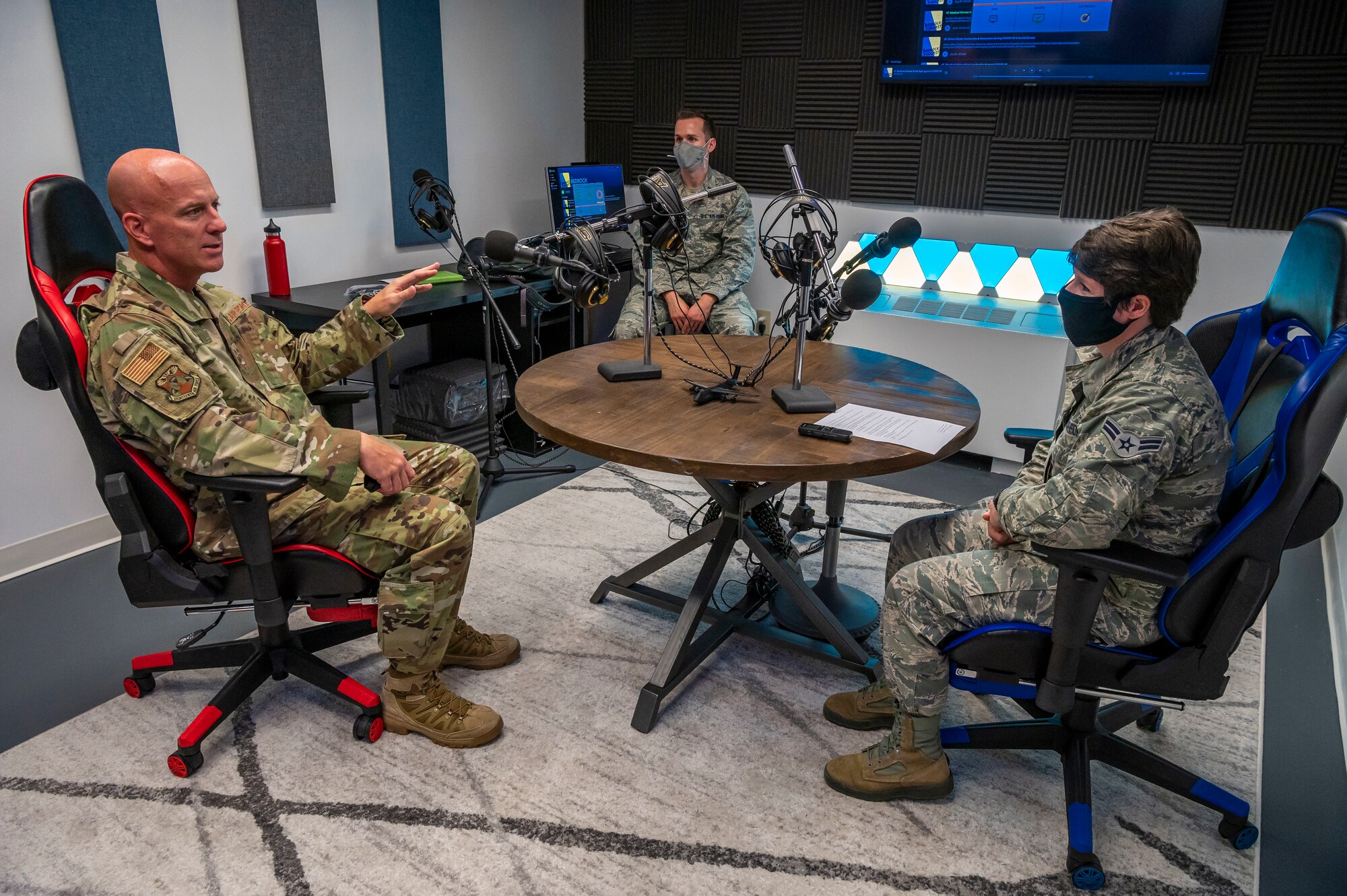 Chief Master Sgt. Chris Simpson, 18th Air Force command chief, speaks during an interview Sept. 23, 2020, at Dover Air Force Base, Delaware.As Air Mobility Command’s sole numbered air force, 18th Air Force ensures the readiness and sustainment of approximately 36,000 active duty, Air Force Reserve and civilian Airmen at 12 wings and one stand-alone group. With more than 400 aircraft, 18th AF supports AMC’s worldwide mission of providing rapid global mobility to America’s armed forces through airlift, aerial refueling and aeromedical evacuation. (U.S. Air Force photo by Senior Airman Christopher Quail)