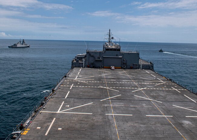 Expeditionary Sea Base USS Hershel "Woody" Williams (ESB 4); Gulf of Guinea; ITS Federico Martinengo (F 596); Ghana Navy Snake-class patrol vessel Ehwor (P37)