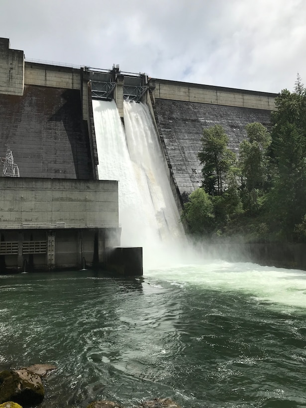 Green Peter Dam releases water through its spillways.

Green Peter Dam is located on the Middle Santiam River near Sweet Home, Oregon. The Corps operates Green Peter Dam and 12 other dams and reservoirs in the Willamette River Basin. All contribute to a water resource management system that provides flood risk management, power generation, irrigation, water quality improvement, fish and wildlife habitat and recreation on the Willamette River and many of its tributaries. Since their completion, the dams have cumulatively prevented more than $20 billion in flood damages to the Willamette Valley.