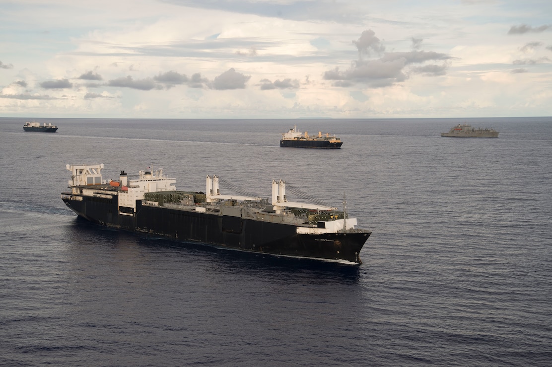 Maritime Prepositioning Ships Squadron (MPSRON 3) executes a Group Sail off the coast of Guam Oct. 4, 2017.