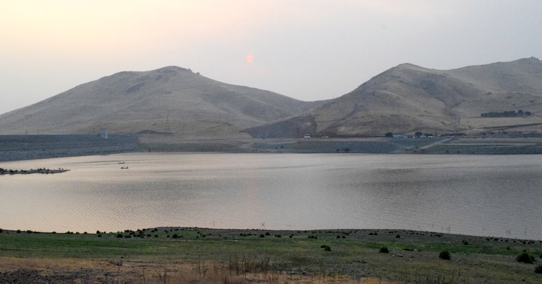 Lake Success near Porterville, California. USACE Sacramento District has broken ground on the reservoir's Tule River Spillway Enlargement Project as seen on the far side of this photo.