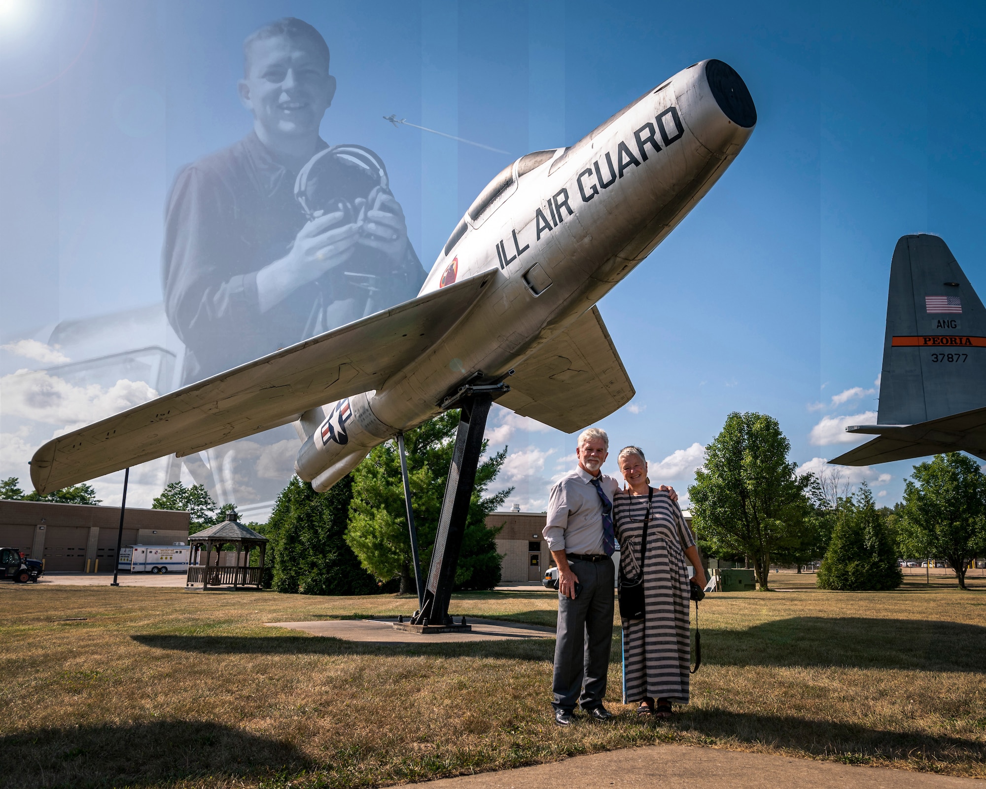 Photo illustration of family under aircraft.