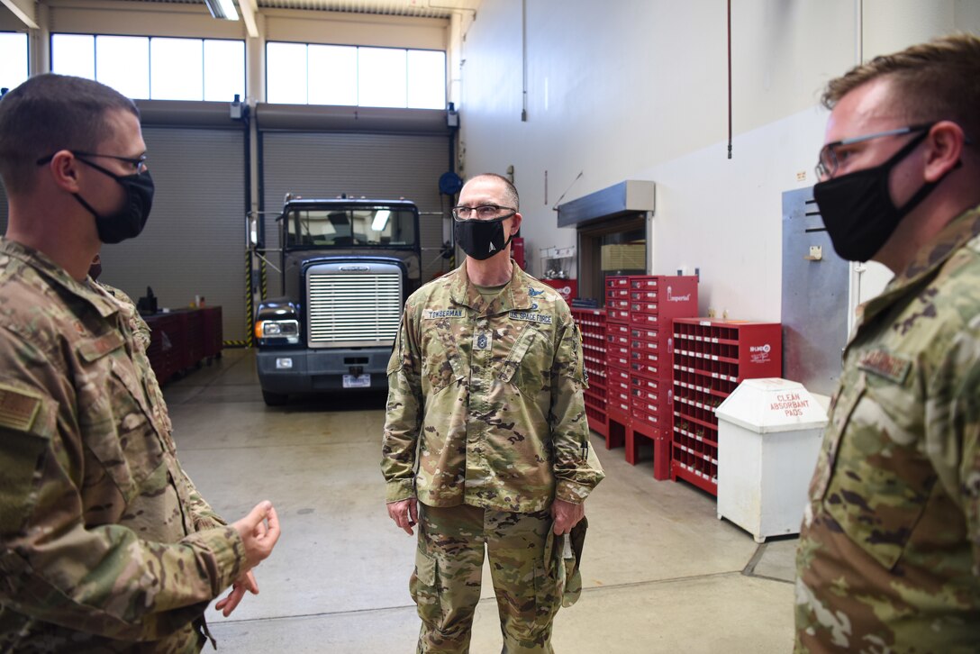 Chief Master Sgt. Roger A. Towberman, U.S. Space Force senior enlisted advisor, is briefed by Airmen assigned to the 30th Logistics Readiness Squadron Sept. 23, 2020, at Vandenberg Air Force Base, Calif. Towberman was briefed on current operations, how each of their jobs contribute to the mission and about their journey transitioning from the U.S. Air Force to the U.S. Space Force. (U.S. Space Force photo by Senior Airman Hanah Abercrombie)