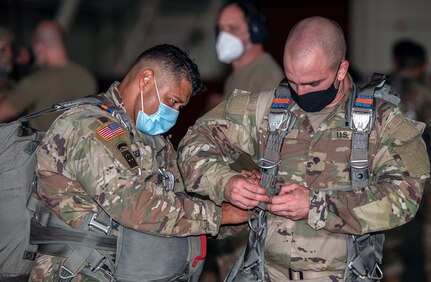 Texas Army National Guard Soldiers assigned to the 197th Special Troops Support Company at Joint Base San Antonio-Camp Bullis took part in airborne operations training Sept. 25. Starting at JBSA-Lackland’s Kelly Field Annex, the Soldiers loaded onto a C-130J Super Hercules from the 317th Airlift Wing at Dyess Air Force Base, Texas, to complete static line jump training onto the drop zone at JBSA-Camp Bullis. Soldiers assigned to airborne units must complete a parachute jump every three months to maintain their airborne status.