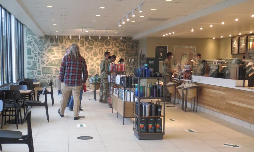 Customers line up for coffee at the newly remodeled Ft. Richardson Starbucks at Joint Base Elmendorf-Richardson, Alaska, Sept. 28, 2020.