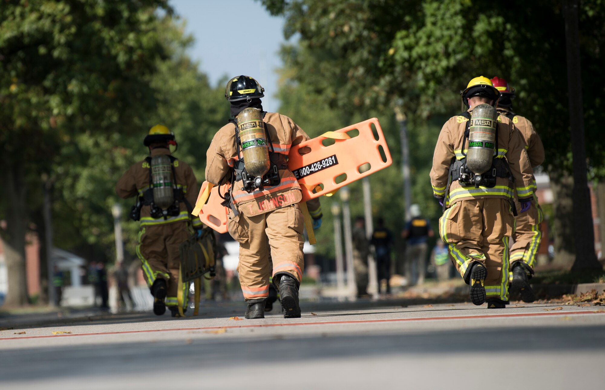 U.S. Air Force firefighter respond during exercise