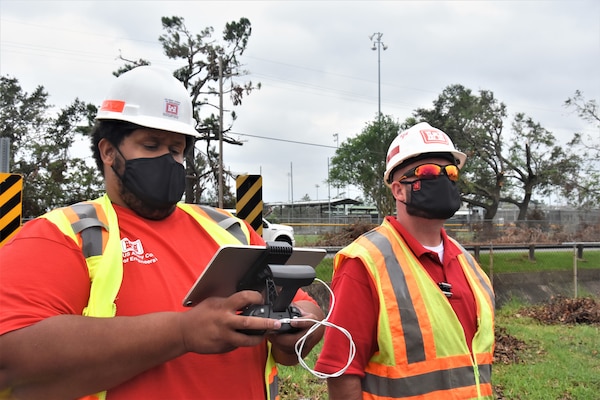 Drone operators from the U.S. Army Corps of Engineers’ Engineering Research and Development Center, or ERDC, in Vicksburg, Miss., deploy forward to southwest Louisiana mid-Sept. 2020 in support of Operation Blue Roof for Hurricane Laura response. Charles McKenzie, left, and Michael Baker operate a drone in Sulfur, La., Sept. 20. On the front end of the Blue Roof mission, drones can be used to help our staff assess homes to determine eligibility for the program. On the back end, they help our quality assurance specialists verify the fiber reinforced sheeting was installed per contract specifications.