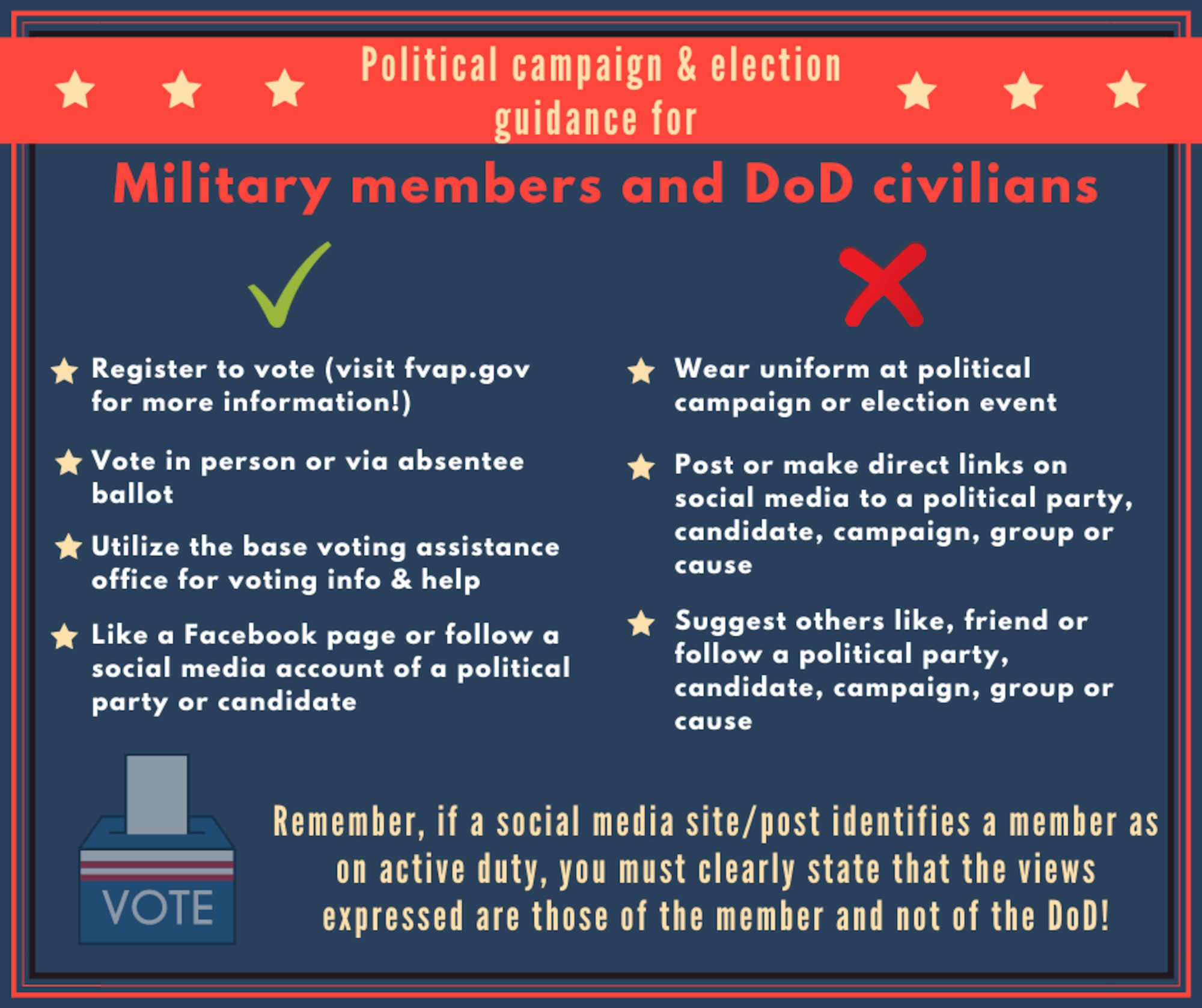 Political campaign and election guidance for military members and DoD civilians. It is okay to register to vote (members may visit fvap.gov for more information), vote in person or via absentee ballot, utilize the base voting assistance office for voting info and help and like or follow a social media account of a political party or candidate. It is not okay to wear a uniform at a political campaign or election event, post or make direct links on social media to a political party, candidate, campaign, group or cause, and it is not okay to suggest others like, friend or follow a political party, candidate, campaign, group or cause. Remember, if a social media site/post identifies a member as on active duty, you must clearly state that the views expressed are those of the member and not of the DOD!