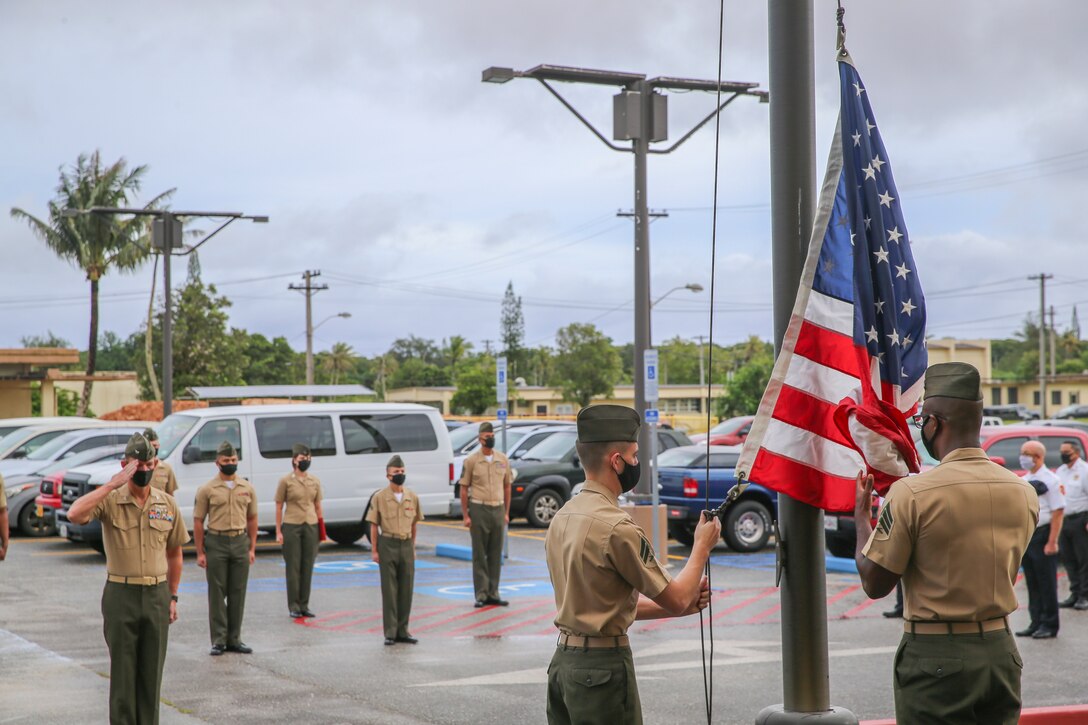 U.S. Marines assigned to Marine Corps Base (MCB) Camp Blaz conduct the first flag raising of the new command, marking the initial operation capability of the base in Dededo, Guam, Oct. 1, 2020. MCB Camp Blaz is the first Marine Corps base activated since the commissioning of Marine Corps Logistics Base Albany, Georgia on March 1, 1952.