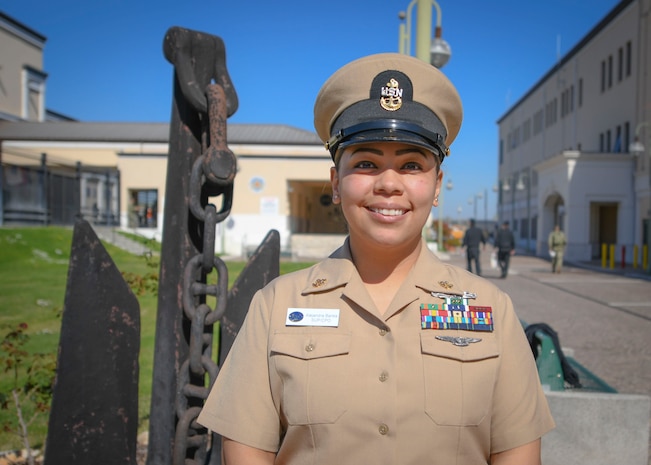 Chief Logistics Specialist Alejandra Banks, assigned to USS Mount Whitney (LCC 20), poses for a portrait on Naval Support Activity, Naples, Mar. 31, 2021, in celebration of the 128th birthday of the Chief Petty Officer ranks.