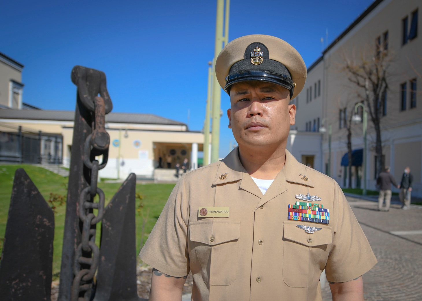 Senior Chief Logistics Specialist Ryan Asiatico, assigned to Military Sealift Command Europe and Africa, poses for a portrait on Naval Support Activity, Naples, Mar. 31, 2021, in celebration of the 128th birthday of the Chief Petty Officer ranks.