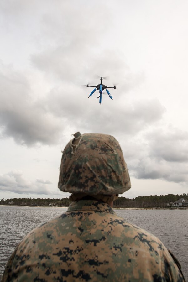 U.S. Marine Corps Cpl. Jose Sanchez, a Reedley, Calif., native and rifleman with 2nd Light Armored Reconnaissance Battalion, 2d Marine Division, prepares to retrieve a Sky Raider Drone during a joint-service training exercise on Marine Corps Air Station Cherry Point, N.C., March 26, 2021.