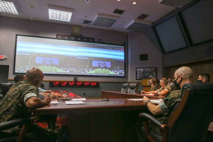 U.S. Marines and Department of Defense contractors with G-4, U.S. Marine Corps Forces, Pacific, discuss logistics operations with their Royal Thai Marine Corps counterparts during a video-teleconference on Camp H.M. Smith, Hawaii, March 25, 2021. Logistics talks between members of MARFORPAC G-4 and the Royal Thai Marine Corps are held annually to foster a logistics partnership that enhances regional stability. The discussions are usually conducted in Thailand but this year’s talks were conducted via video-teleconference to comply with COVID-19 mitigation efforts.