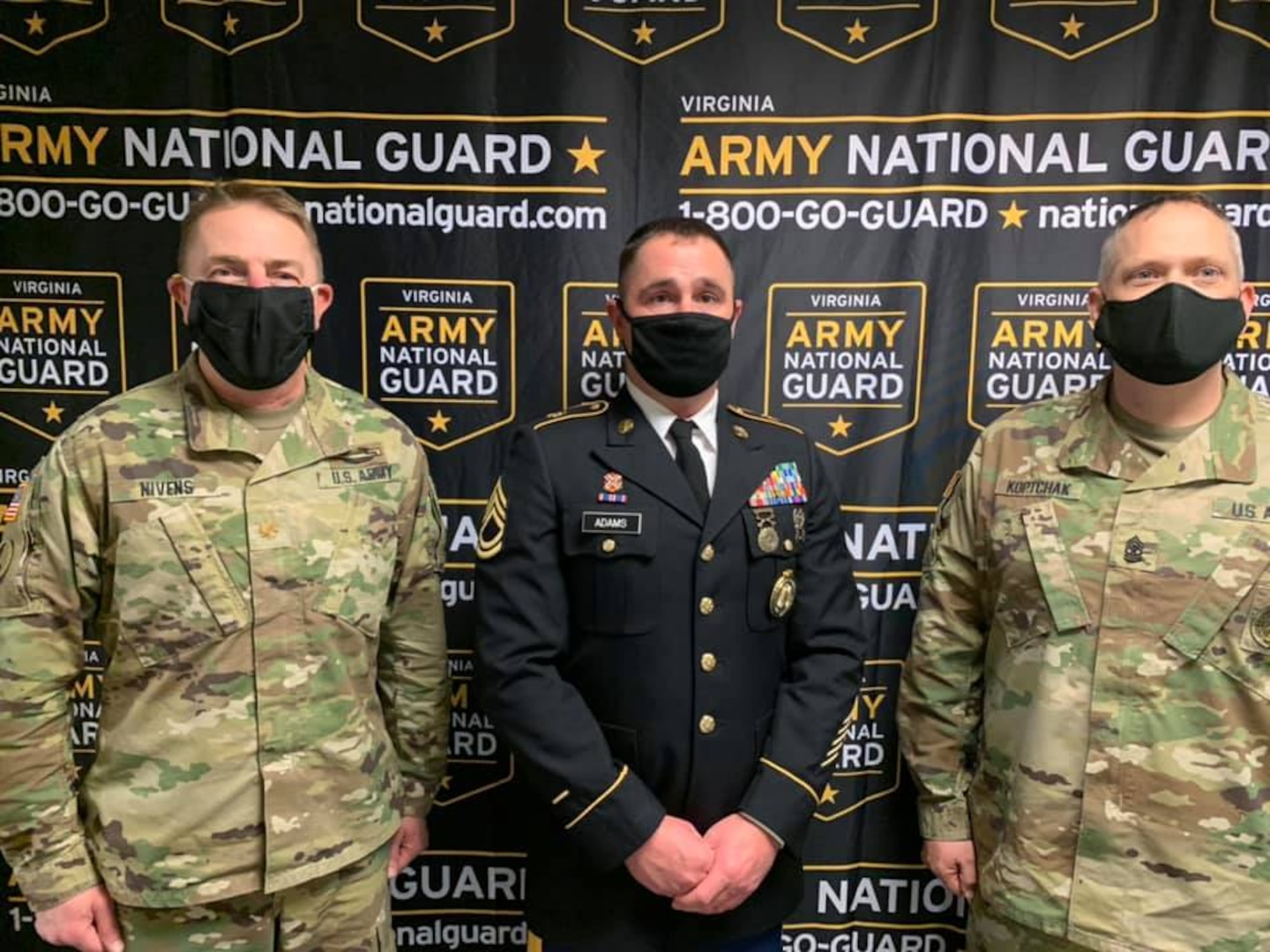 Sgt. 1st Class Brian Adams (center), poses with Maj. Scott Nivens (left), commander of the Virginia National Guard's Recruiting and Retention Battalion, and Sgt. Maj. Stephen Koptchak, the battalion's senior enlisted leader (right), at the Region II Strength Maintenance Advisory Group meeting in Gettysburg, Pennsylvania. Adams earned the top spot as the region's top recruiter and will represent the region at the national level. (Courtesy photo)
