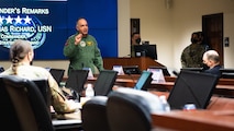 Adm. Charles Richard, U.S. Strategic Command commander, addresses the crowd at a table top exercise at Barksdale Air Force Base, Louisiana, March 30, 2021. As a global warfighting combatant command, USSTRATCOM delivers a dominant strategic force and innovative team to maintain our Nation’s enduring strength, prevent and prevail in great power conflict, and grow the intellectual capital to forge 21st century strategic deterrence. (U.S. Air Force photo by Airman 1st Class Jacob B. Wrightsman)
