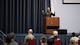 Adm. Charles Richard, U.S. Strategic Command commander, addresses the crowd during the presentation of the Omaha Trophy to the 96th Bomb Squadron at Barksdale Air Force Base, Louisiana, March 30, 2021. The Omaha Trophy is awarded each year to various units in recognition of outstanding support to USSTRATCOM's strategic deterrence mission. (U.S. Air Force photo by Airman 1st Class Jacob B. Wrightsman)