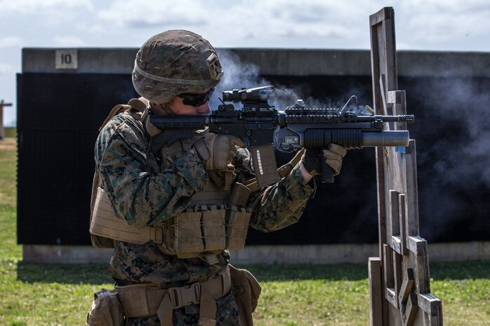 U.S. Marine Corps Lance Cpl. Jared Roderick, a grenadier with Lima Company, 3rd Battalion, 3rd Marine Regiment, engages targets during a live-fire range on Camp Hansen, Okinawa, Japan, March 5, 2021. During the training, Marines were evaluated on a variety of weapons and communications skills, demonstrating their proficiency and readiness to rapidly deploy throughout the Indo-Pacific region. Roderick is native of Boston, Massachusetts.