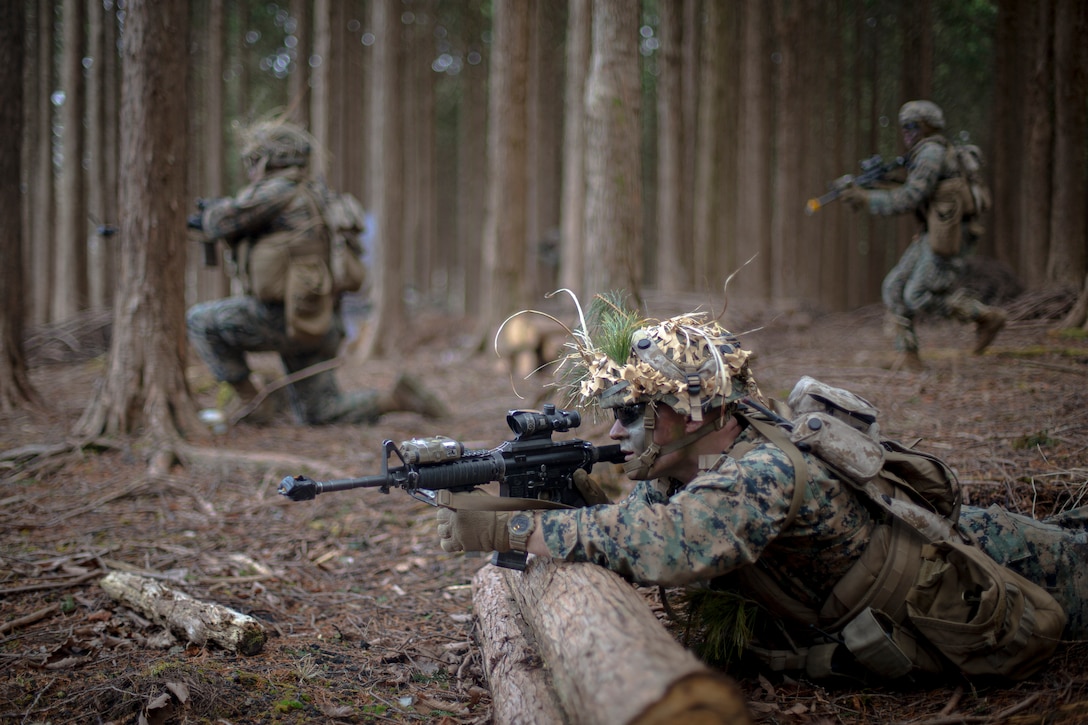 U.S. Marines with Echo Battery, Battalion Landing Team 3/4, 31st Marine Expeditionary Unit, advance during a force on force exercise at Combined Arms Training Center Camp Fuji, Japan, March 4, 2021. The Marines from both platoons in Echo Battery competed against each other to enhance their capabilities as provisional infantry. The 31st MEU, the Marine Corps’ only continuously forward-deployed MEU, provides a flexible and lethal force ready to perform a wide range of military operations as the premier crisis response force in the Indo-Pacific region.