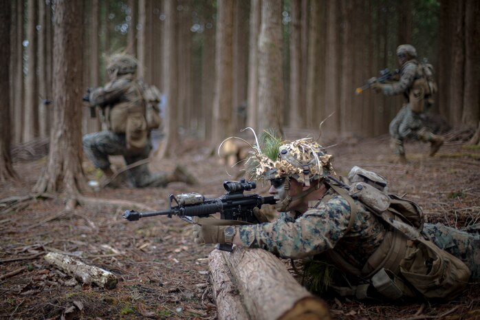 U.S. Marines with Echo Battery, Battalion Landing Team 3/4, 31st Marine Expeditionary Unit, advance during a force on force exercise at Combined Arms Training Center Camp Fuji, Japan, March 4, 2021. The Marines from both platoons in Echo Battery competed against each other to enhance their capabilities as provisional infantry. The 31st MEU, the Marine Corps’ only continuously forward-deployed MEU, provides a flexible and lethal force ready to perform a wide range of military operations as the premier crisis response force in the Indo-Pacific region.