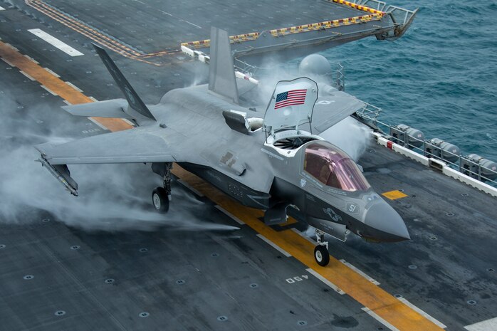 A U.S. Marine Corps F-35B Lightning II assigned to Marine Medium Tiltrotor Squadron 164 (Reinforced), 15th Marine Expeditionary Unit, takes off from the flight deck of amphibious assault ship USS Makin Island (LHD 8) during a U.S. Air Forces Central Agile Combat Employment event, March 1, 2021. AFCENT’s ACE capstone event enhances theater airpower competencies, validating operational capabilities and command and control while simultaneously strengthening regional partnerships. The Makin Island Amphibious Ready Group and the 15th MEU are deployed to the U.S. 5th Fleet area of operations in support of naval operations to ensure maritime stability and security in the Central Region, connecting the Mediterranean and Pacific through the western Indian Ocean and three strategic choke points.