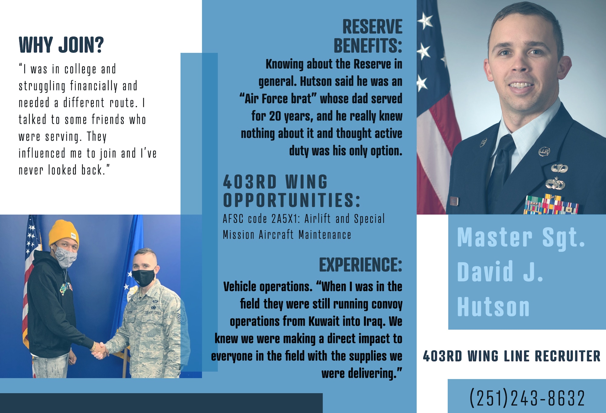 This graphic is part three of a series. Master Sgt. David J. Hutson is a line recruiter with the Air Force Reserve 403rd Wing. Hutson served 13 years on active duty before joining the Air Force Reserve 3 years ago, and he has a decade of experience in the recruiting field. (U.S. Air Force graphic by Staff Sgt. Kristen Pittman)