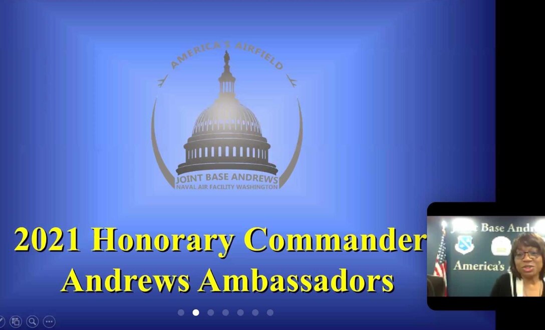 Ms. Aletha Frost, 316th Wing Public Affairs Specialist, announces the new Andrews Ambassador inductees during the virtual Honorary Commanders Program ceremony on Joint Base Andrews, Md., March 25, 2021. The mission of the Honorary Commanders Program is twofold; one, to educate key community leaders about a unit’s mission and to foster a supportive relationship with the community, and two, to increase military involvement in civic endeavors and organizations and make members of the local community feel part of the unit. (U.S. Air Force courtesy photo)