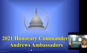 Ms. Aletha Frost, 316th Wing Public Affairs Specialist, announces the new Andrews Ambassador inductees during the virtual Honorary Commanders Program ceremony on Joint Base Andrews, Md., March 25, 2021. The mission of the Honorary Commanders Program is twofold; one, to educate key community leaders about a unit’s mission and to foster a supportive relationship with the community, and two, to increase military involvement in civic endeavors and organizations and make members of the local community feel part of the unit. (U.S. Air Force courtesy photo)