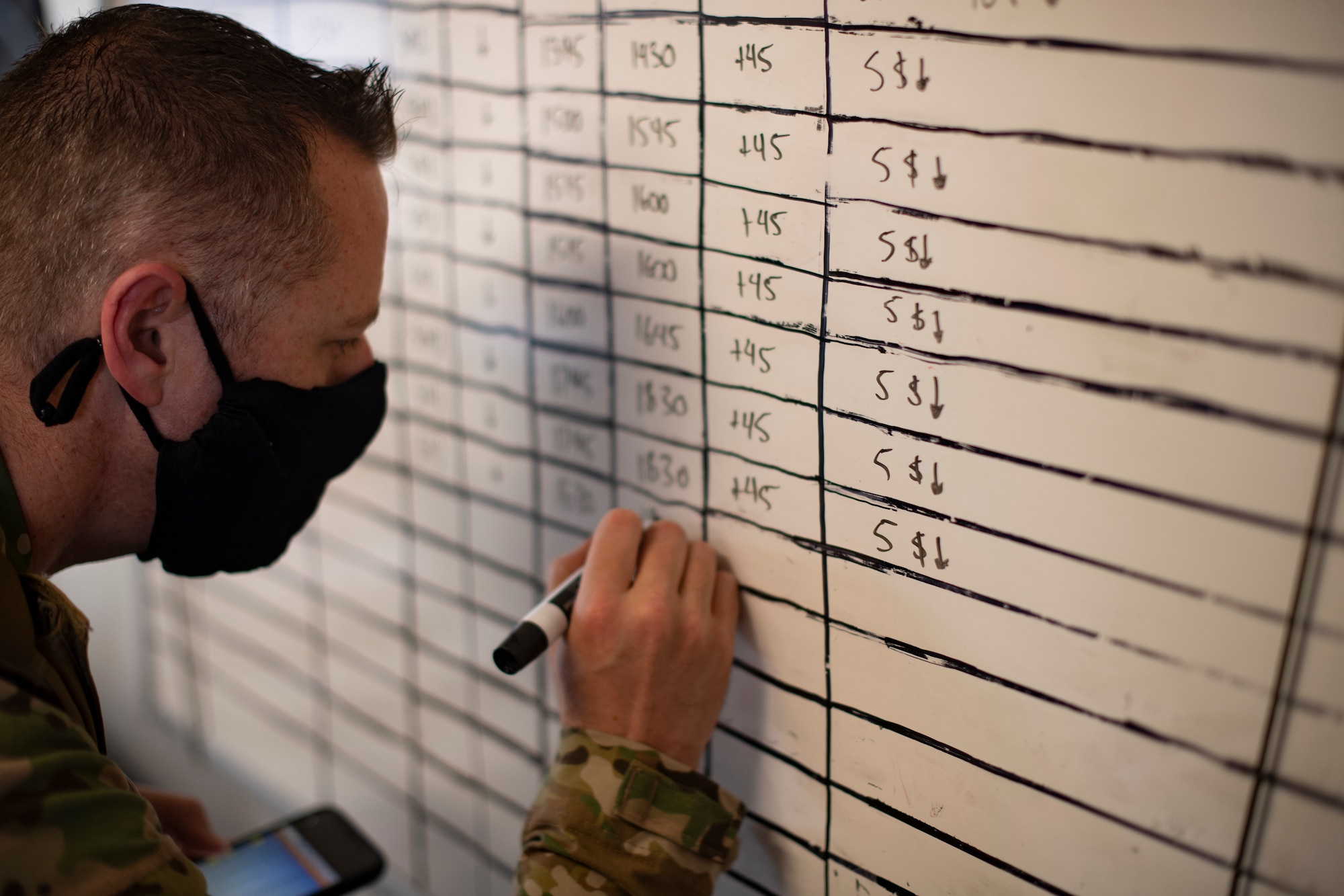 U.S. Air Force Tech. Sgt. Joshua Fuleki, 321st Contingency Response Squadron noncommissioned officer in charge of the air terminal operations center, updates aircraft arrival times March 26, 2021, during Exercise Turbo Distribution 21-2 at Camp Shelby, Mississippi. For Exercise Turbo Distribution, the U.S. Transportation Command established a joint task force port opening aerial port of debarkation capability to respond to a simulated humanitarian aid and disaster relief request from the fictional country of Bengalia. (U.S. Air Force photo by Tech. Sgt. Luther Mitchell)
