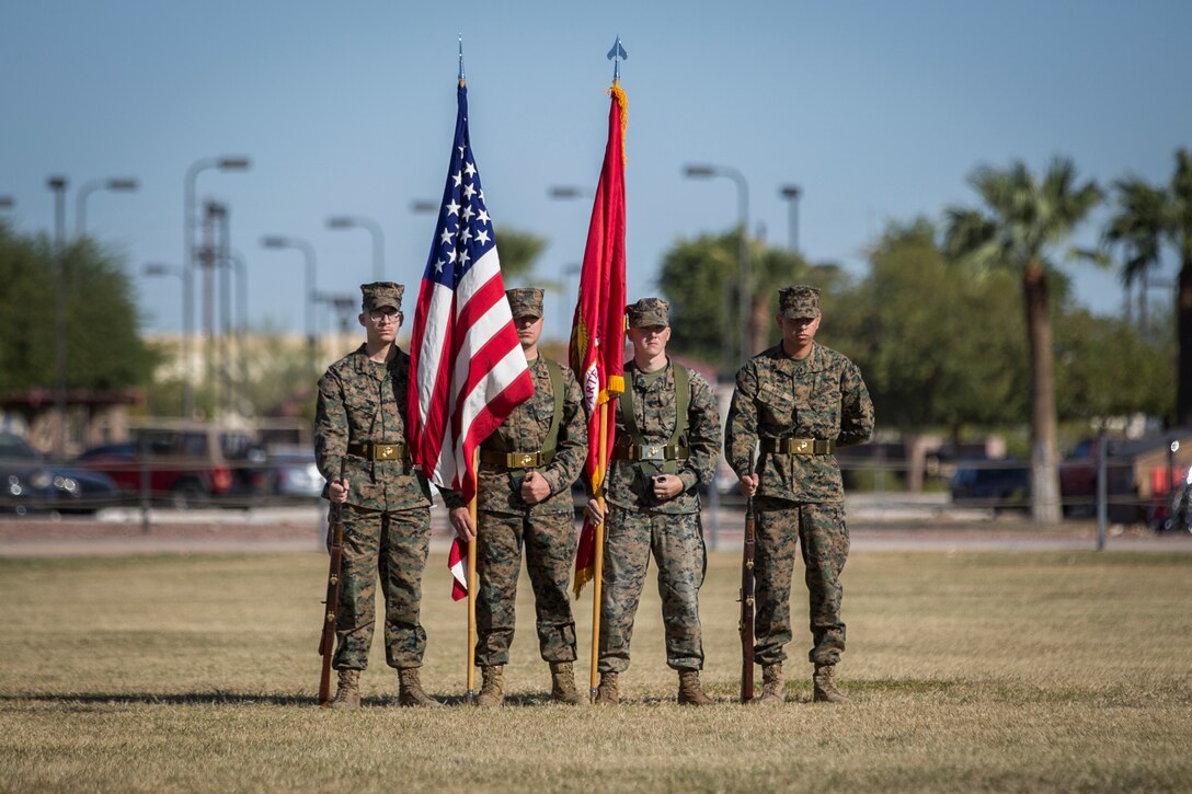 U.S. Marines with Headquarters and Headquarters Squadron, Marine Corps Air Station (MCAS)Yuma, participate in the 244th Marine Corps birthday uniform pageant at the Parade Deck on MCAS Yuma, Ariz., Nov. 7, 2019. The annual ceremony was held in honor of the 244th Marine Corps birthday, showcasing historical uniforms to honor Marines of the past, present and future while signifying the passing of traditions from one generation to the next. (U.S. Marine Corps photo Lance Cpl. John Hall)