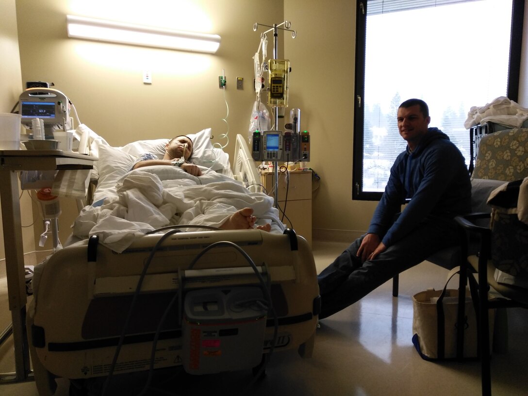 U.S. Air Force Lt. Col. Michael Street, 92nd Operations Group deputy group commander, begins his recovery following an intensive surgery. Street went into remission in December 2016 after a long surgery that entailed removing all of the tumors that had plagued his body, just eight short months after his initial diagnosis. (U.S. Air Force courtesy photo)