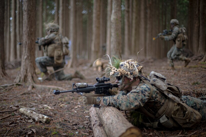 U.S. Marine advance during a force on force exercise at Combined Arms Training Center Camp Fuji, Japan, March 4.