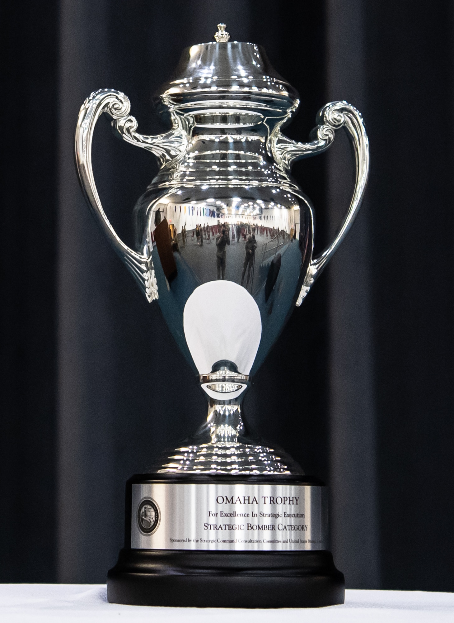 The Omaha Trophy sits at Barksdale Air Force Base, Louisiana, March 30, 2021. The Omaha Trophy was presented to the 96th Bomb Squadron for their support of U.S. Strategic Command’s mission of global strategic deterrence. (U.S. Air Force photo by Airman 1st Class Jacob B. Wrightsman)