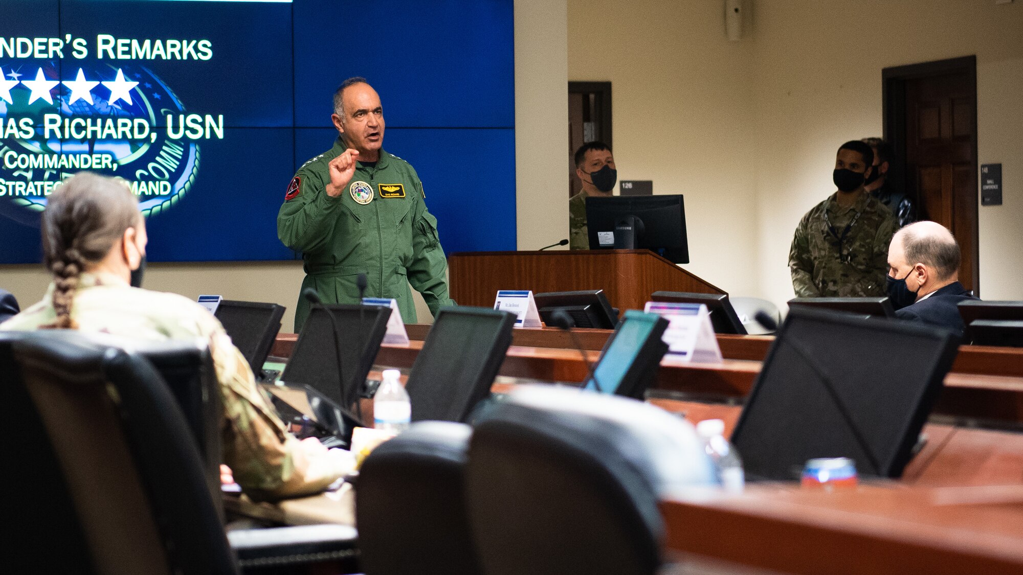 Adm. Charles Richard, U.S. Strategic Command commander, addresses the crowd at a table top exercise at Barksdale Air Force Base, Louisiana, March 30, 2021. As a global warfighting combatant command, USSTRATCOM delivers a dominant strategic force and innovative team to maintain our Nation’s enduring strength, prevent and prevail in great power conflict, and grow the intellectual capital to forge 21st century strategic deterrence. (U.S. Air Force photo by Airman 1st Class Jacob B. Wrightsman)