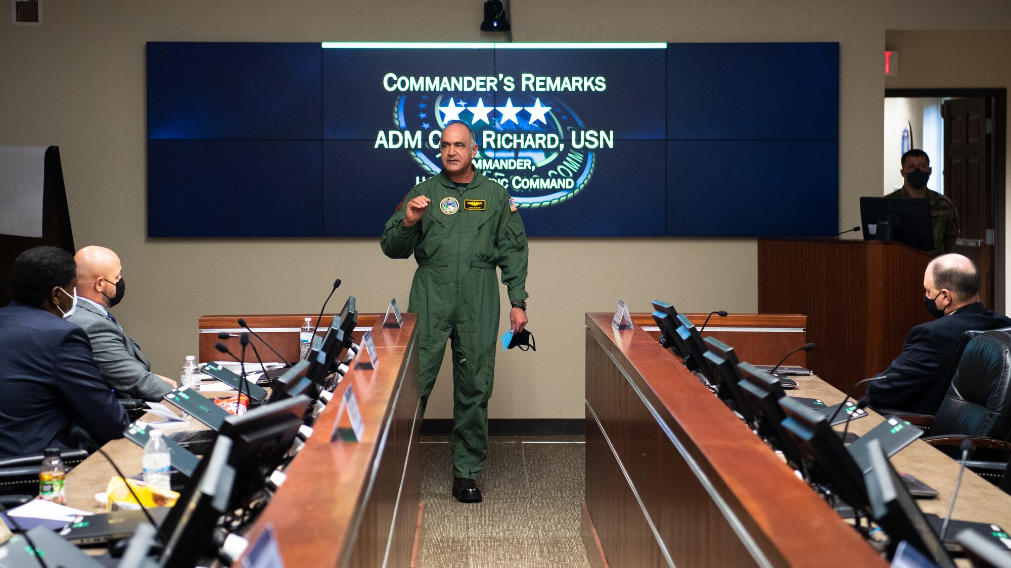 Adm. Charles Richard, U.S. Strategic Command commander, addresses the crowd at a table top exercise at Barksdale Air Force Base, Louisiana, March 30, 2021. As a global warfighting combatant command, USSTRATCOM delivers a dominant strategic force and innovative team to maintain our Nation’s enduring strength, prevent and prevail in great power conflict, and grow the intellectual capital to forge 21st century strategic deterrence. (U.S. Air Force photo by Airman 1st Class Jacob B. Wrightsman)