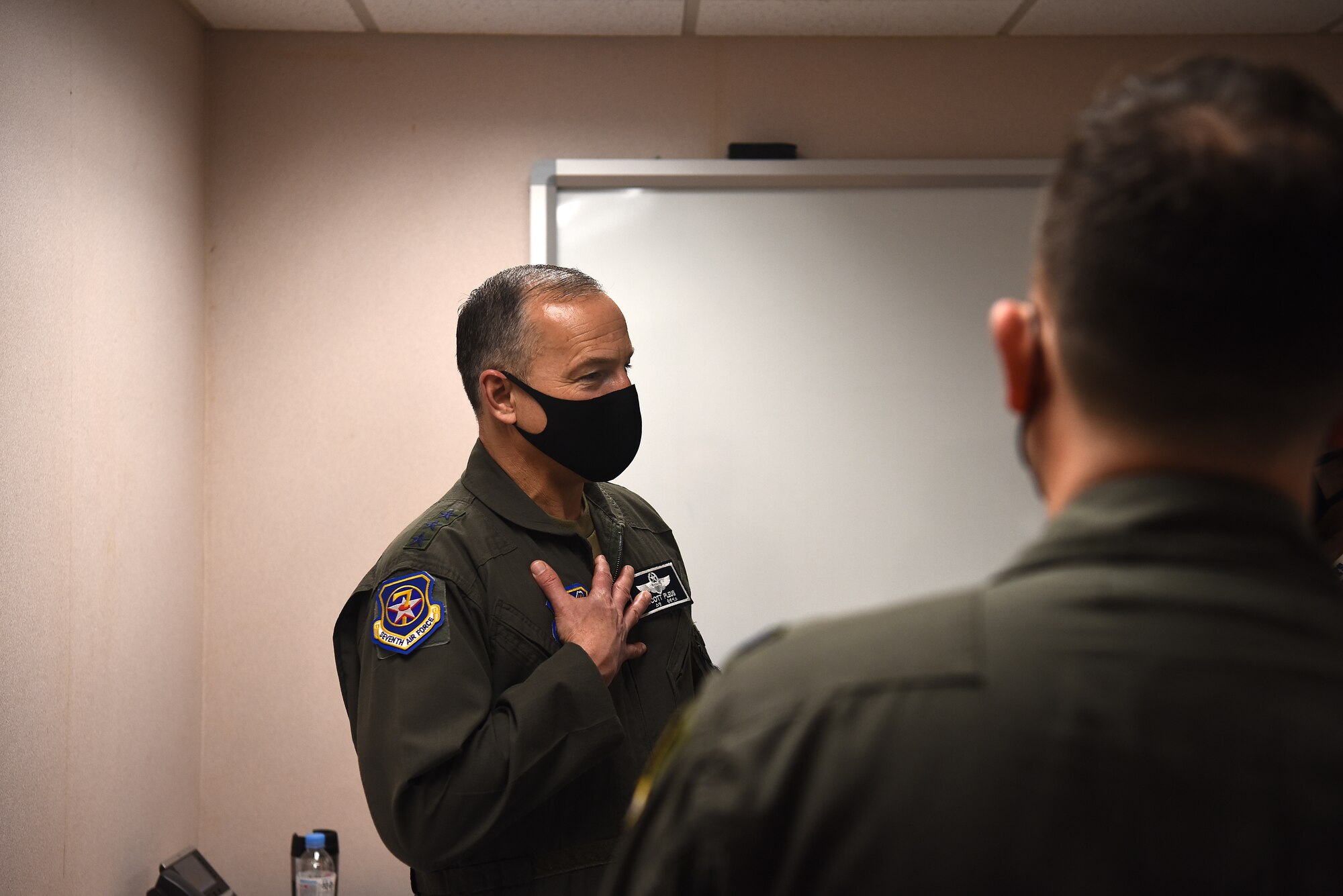 Lt. Gen. Scott Pleus, 7th Air Force commander, talks about optimizing the human weapon system at the 35th Fighter Squadron at Kunsan Air Base, Republic of Korea, March 31, 2021. During his visit, Pleus held a mentorship session with Kunsan’s company grade officers, toured the O’Malley Dining Facility, visited the fighter squadrons and more.  (U.S. Air Force photo by Senior Airman Suzie Plotnikov)